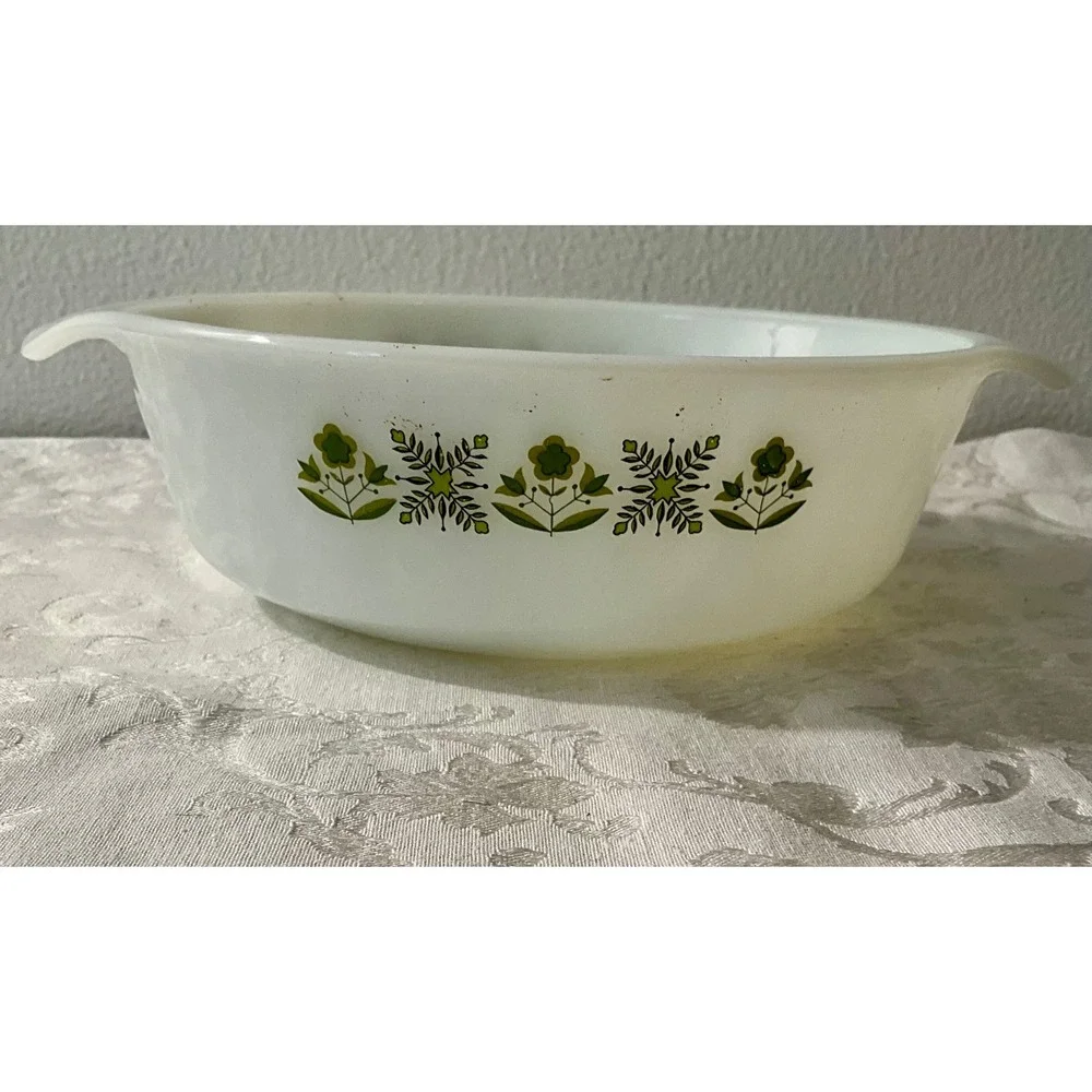 Vintage Anchor Hocking‎ Fire King Casserole Dish Green Floral USA